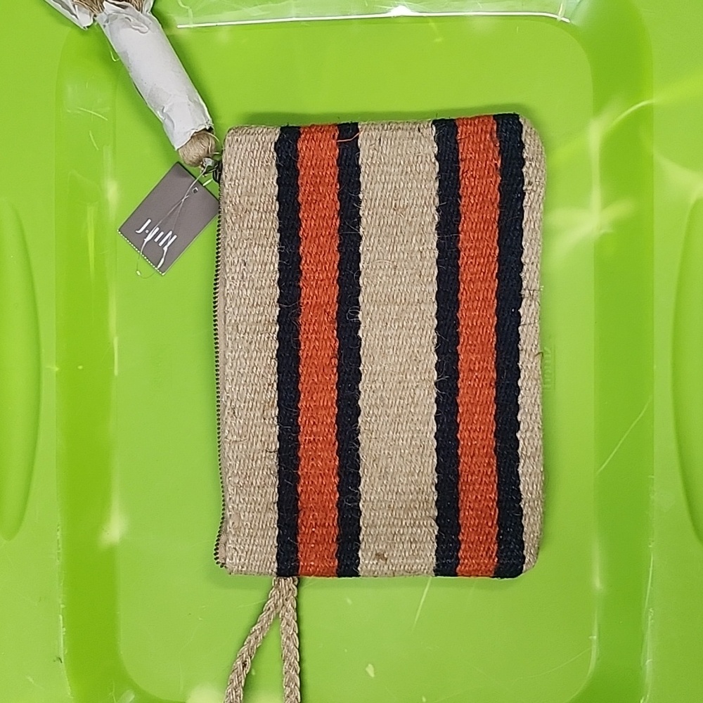 J. Jill Jute Wristlet Pouch Navy Orange Stripe Zip Clutch Natural Fiber NWT